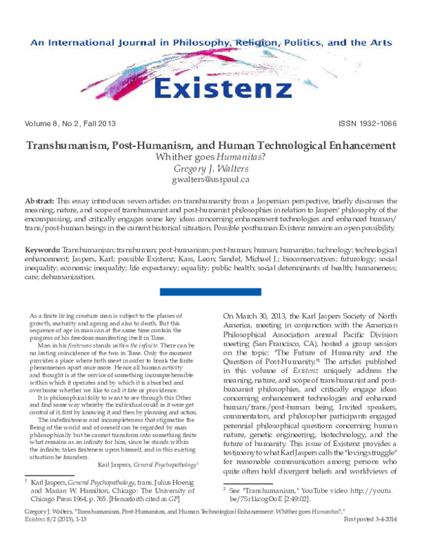 (PDF) Transhumanism, PostHumanism, and Human Technological Enhancement