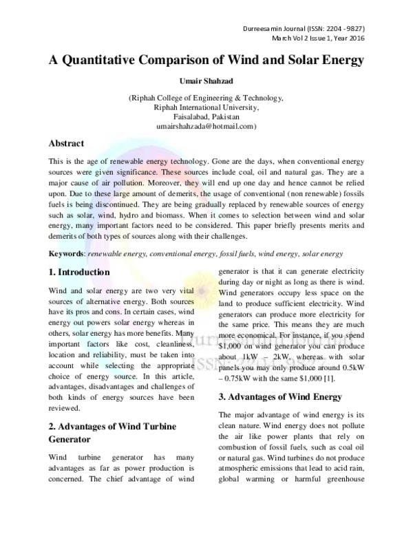 (PDF) A Quantitative Comparison of Wind and Solar Energy Umair