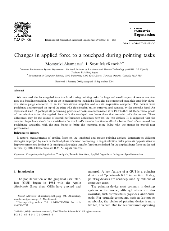 (PDF) Changes in applied force to a touchpad during pointing tasks