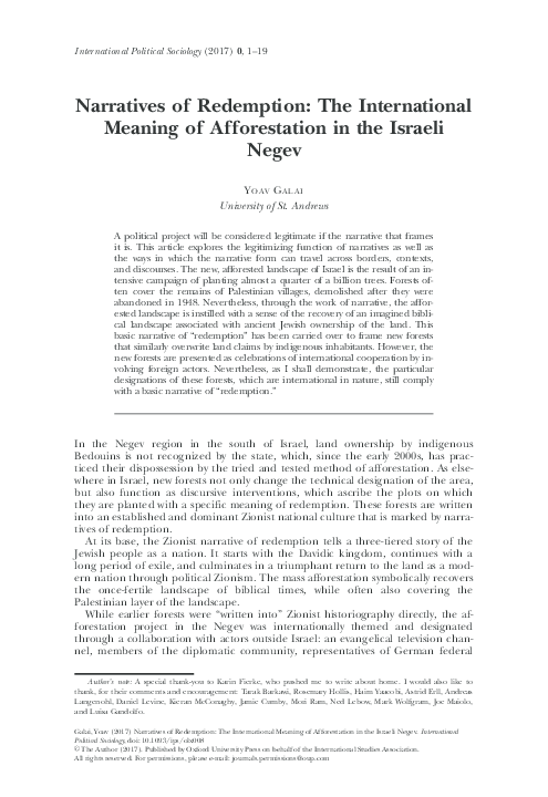Pdf Narratives Of Redemption The International Meaning Of Afforestation In The Israeli Negev Yoav Galai Academia Edu
