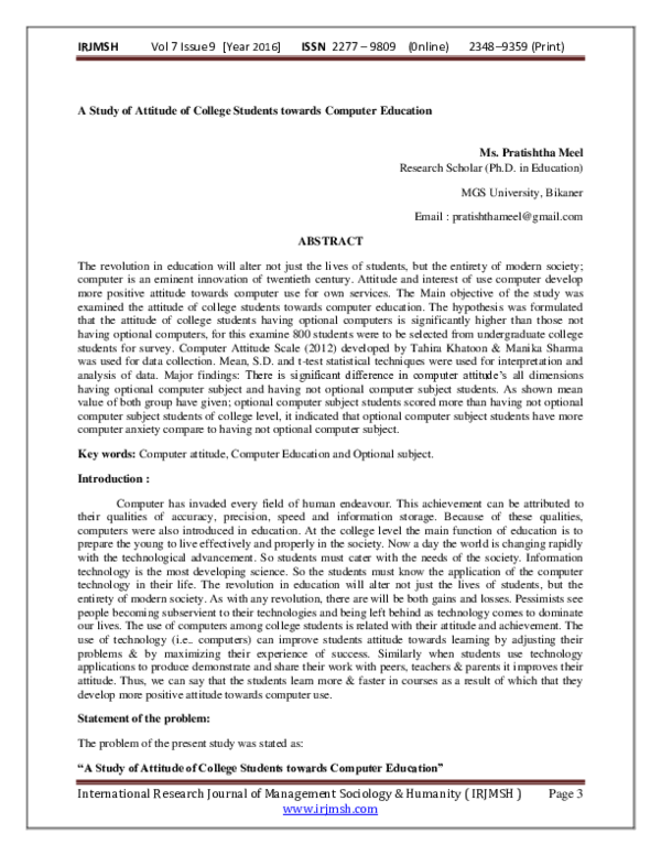 (PDF) A Study of Attitude of College Students towards Computer Education