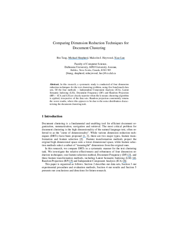 (PDF) Comparing Dimension Reduction Techniques for Document Clustering