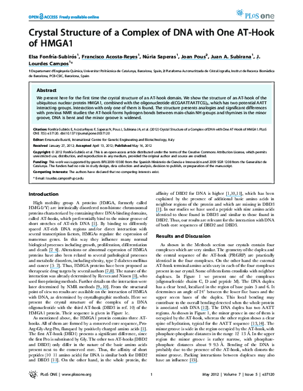 (PDF) Crystal Structure of a Complex of DNA with One AT-Hook of HMGA1