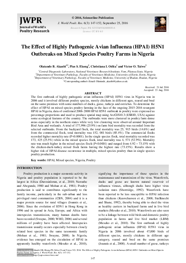 (PDF) The Effect of Highly Pathogenic Avian Influenza (HPAI) H5N1 ...