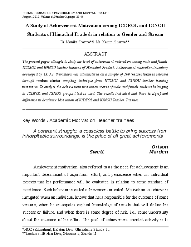(DOC) A Study of Achievement Motivation among ICDEOL and IGNOU Students ...