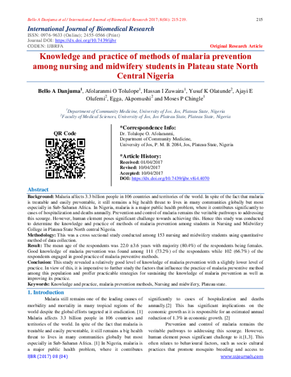 (PDF) Knowledge and practice of methods of malaria prevention among ...