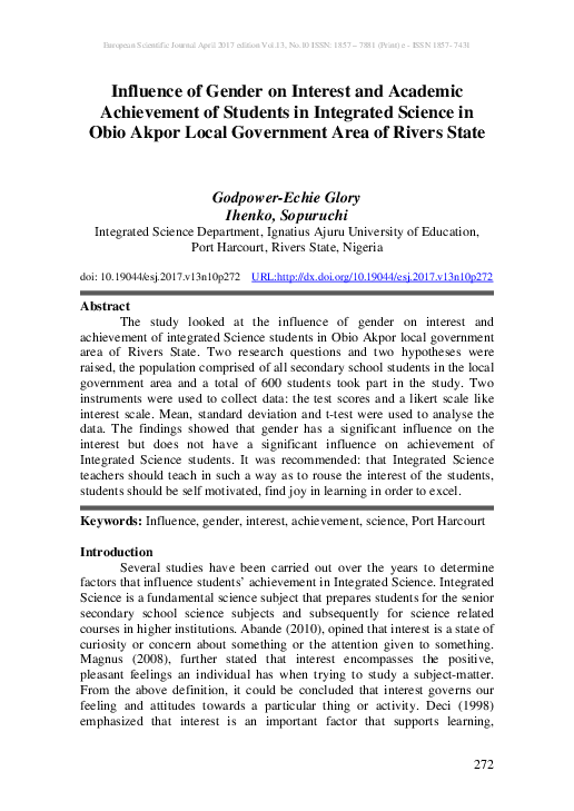 (PDF) Influence of Gender on Interest and Academic Achievement of ...