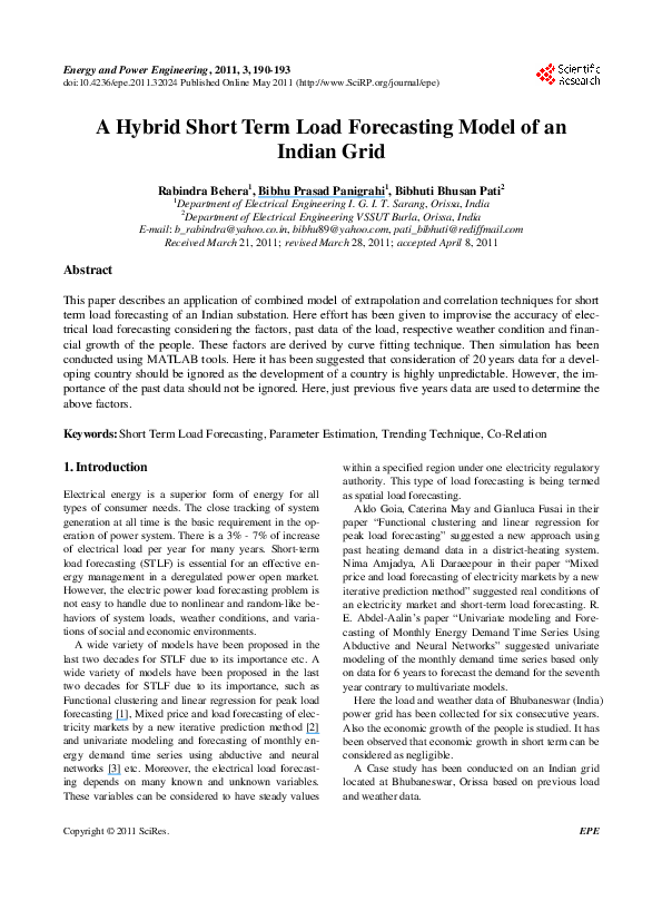 (PDF) A Hybrid Short Term Load Forecasting Model of an Indian Grid