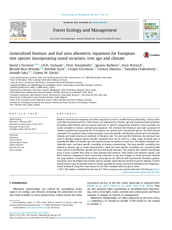 (PDF) Generalized biomass and leaf area allometric equations for ...