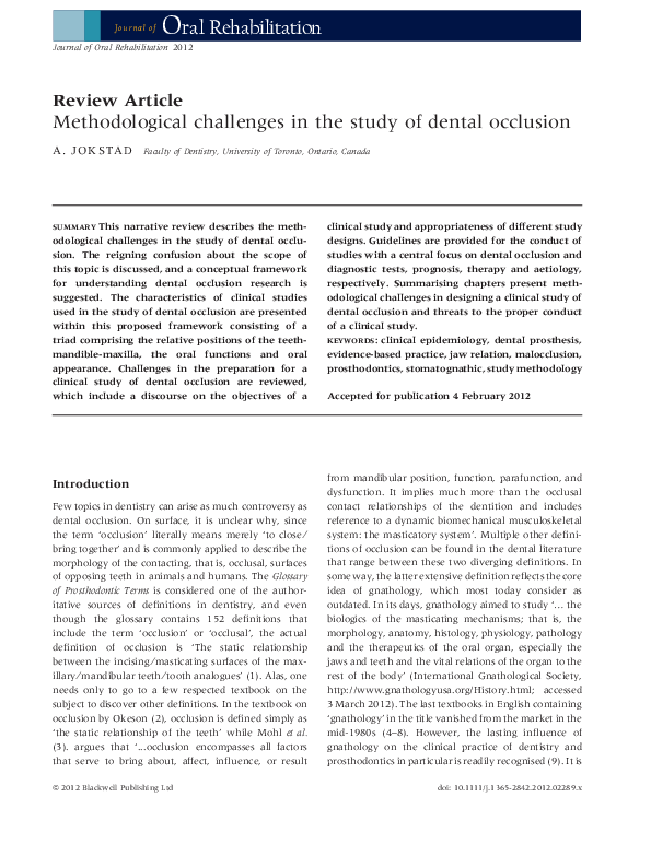 (PDF) Methodological challenges in the study of dental occlusion