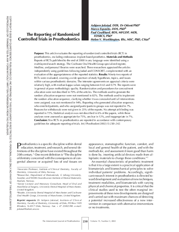 (PDF) The reporting of randomized controlled trials in prosthodontics
