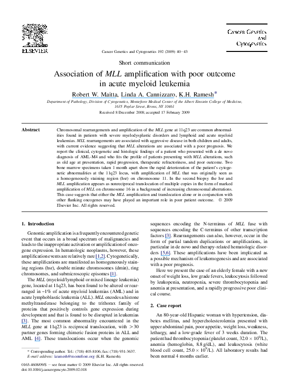 (PDF) Association of MLL amplification with poor outcome in acute ...