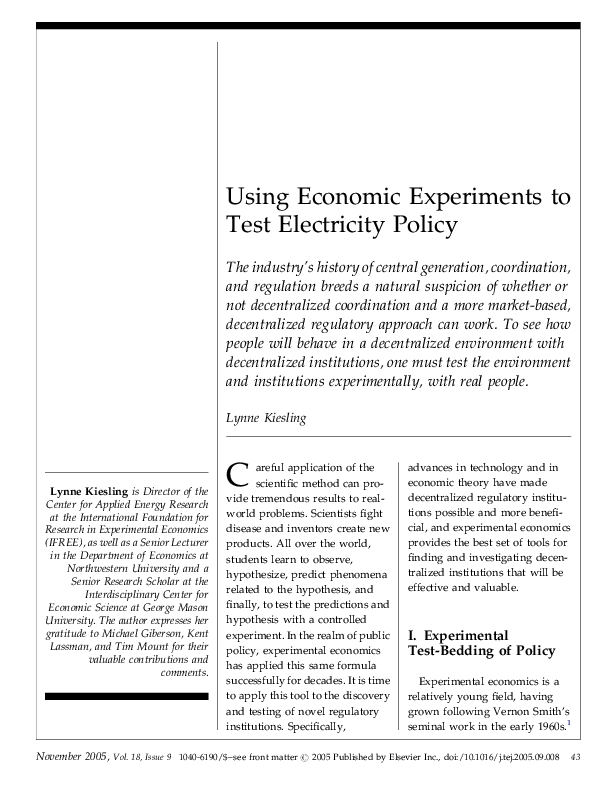 (PDF) Using Economic Experiments to Test Electricity Policy