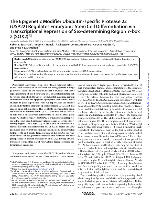(PDF) The Epigenetic Modifier Ubiquitin-specific Protease 22 (USP22 ...