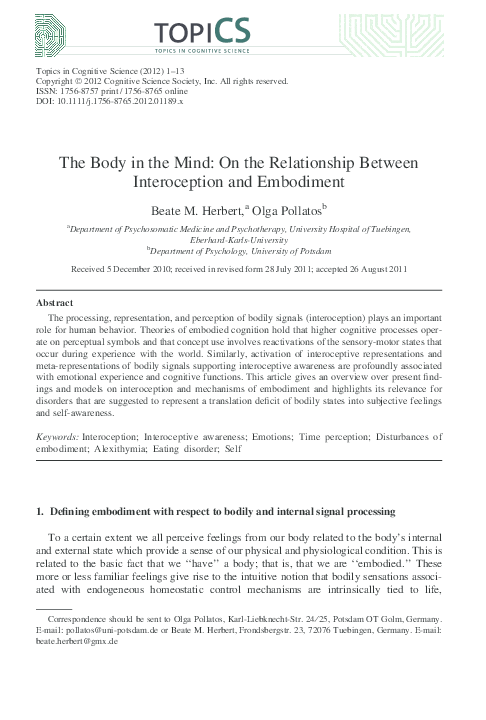 (PDF) The Body in the Mind: On the Relationship Between Interoception ...