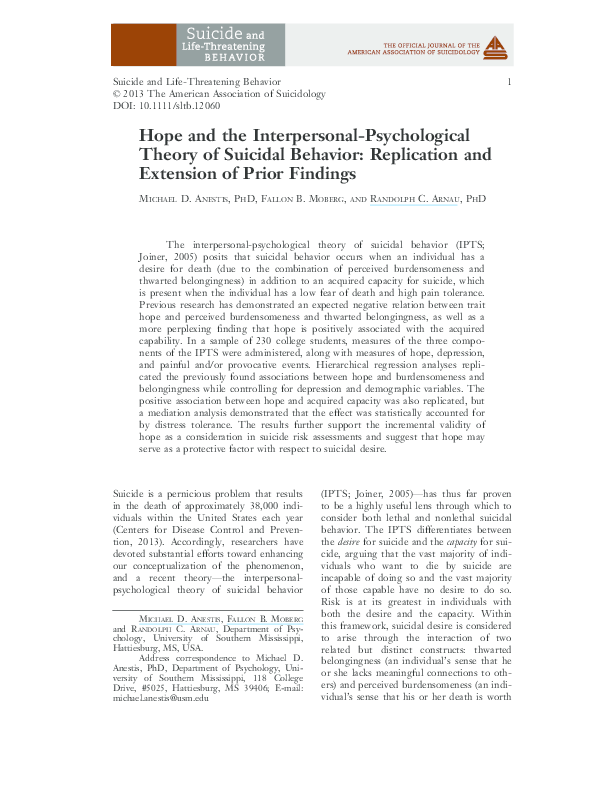 (PDF) Hope and the Interpersonal-Psychological Theory of Suicidal ...