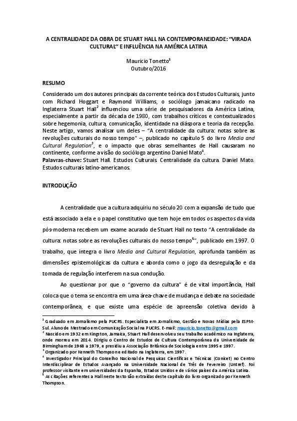 (PDF) A centralidade da obra de Stuart Hall na contemporaneidade
