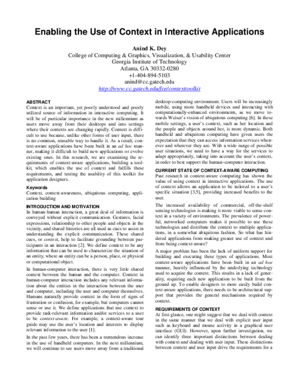 (PDF) Enabling the use of context in interactive applications