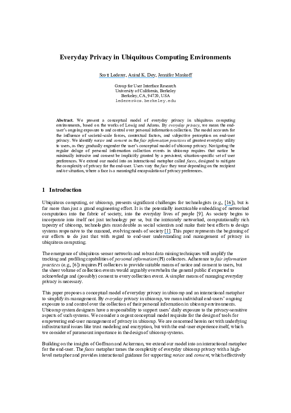 (PDF) Everyday privacy in ubiquitous computing environments