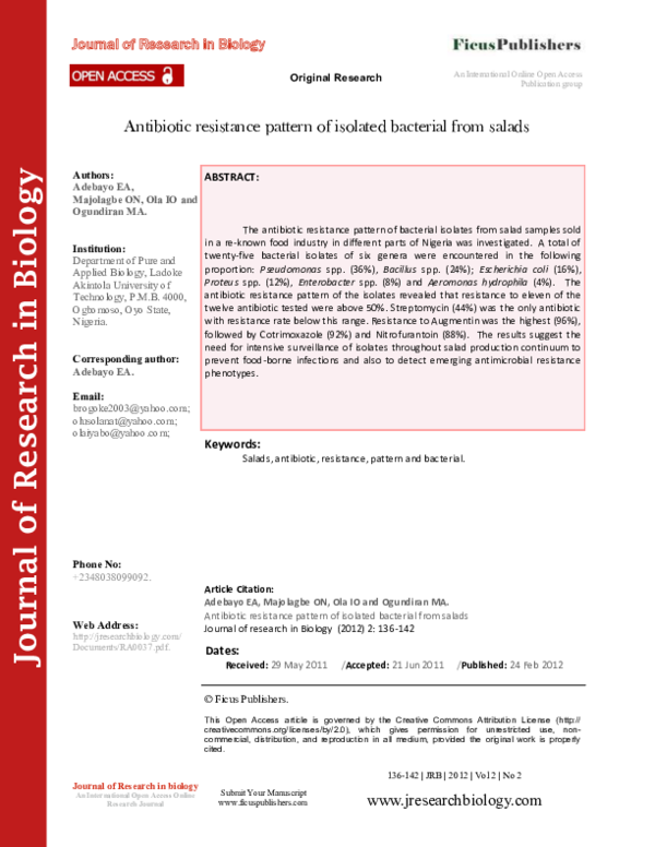 (PDF) Antibiotic resistance pattern of isolated bacterial from salads ...