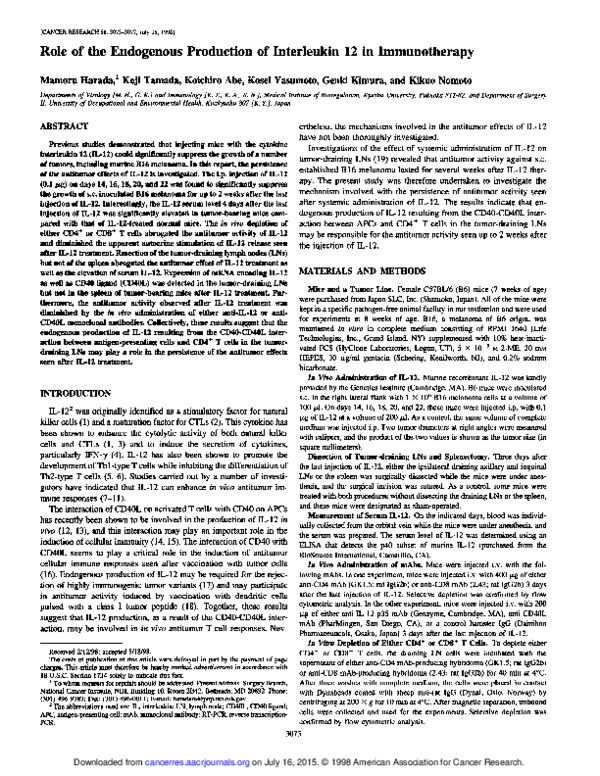 (PDF) Role of the endogenous production of interleukin 12 in immunotherapy