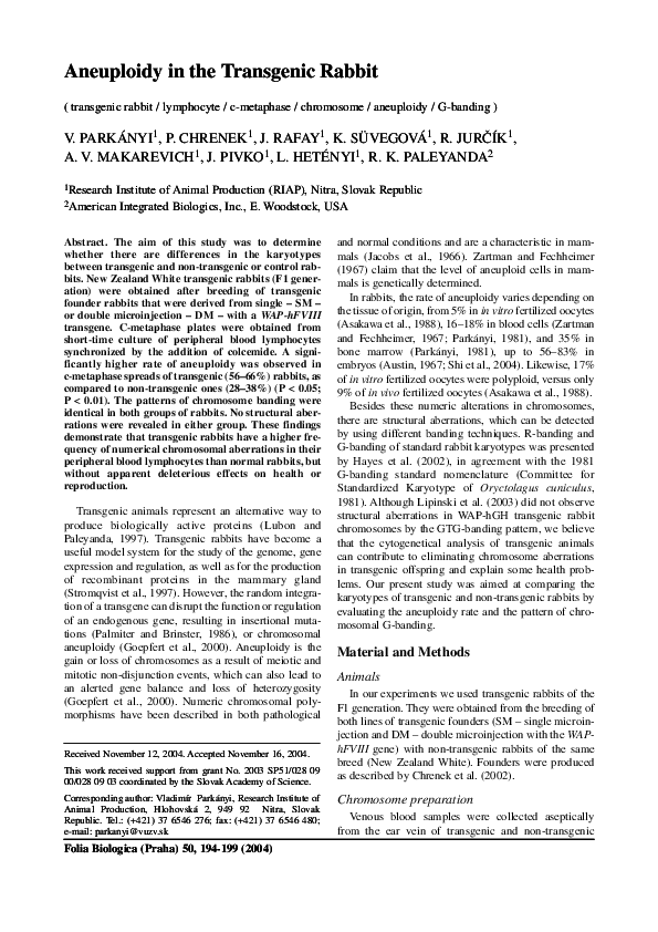 (PDF) Aneuploidy in the Transgenic Rabbit