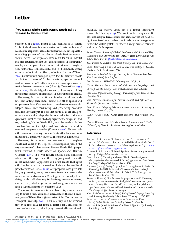 First page of “If We Want a Whole Earth, Nature Needs Half’. A reply to ‘Half-Earth or Whole Earth? Radical ideas for conservation, and their implications”