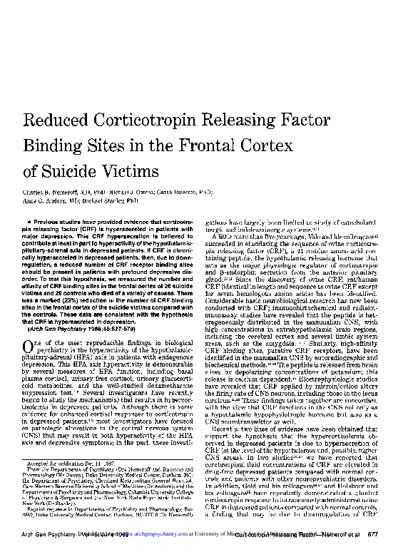 (PDF) Reduced CRF binding sites in frontal cortex of suicide victims