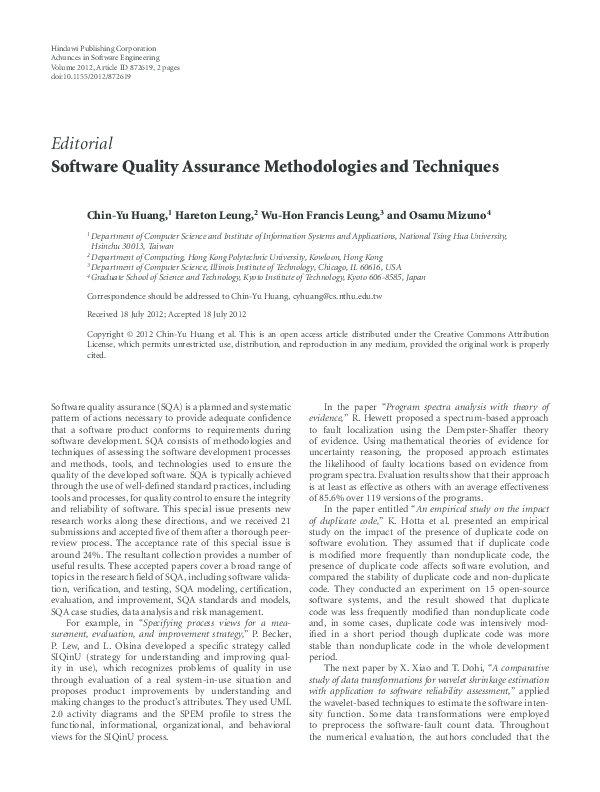 (PDF) Software Quality Assurance Methodologies and Techniques
