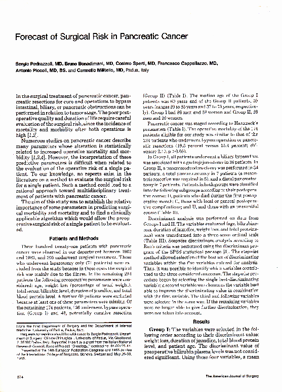 (PDF) Forecast of surgical risk in pancreatic cancer