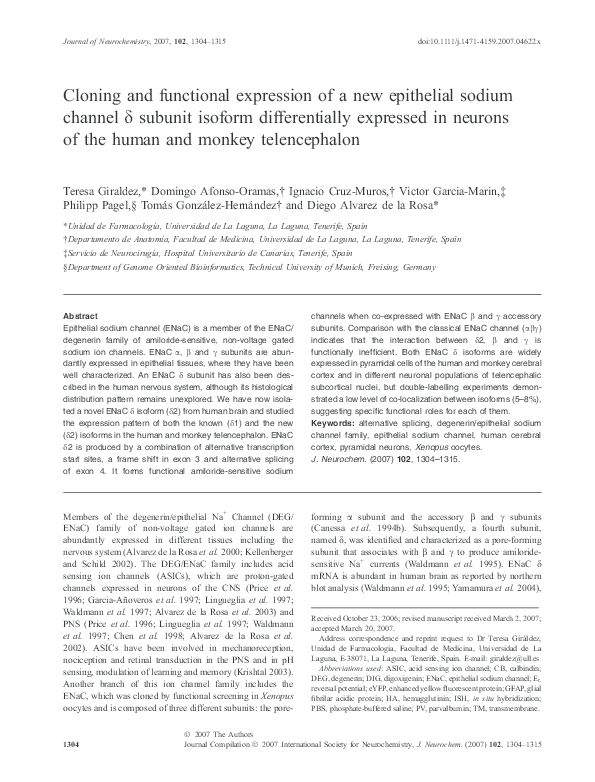 (PDF) Cloning and functional expression of a new epithelial sodium ...