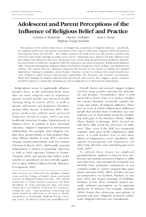 (PDF) Adolescent and parent perceptions of the influence of religious ...