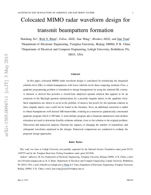 (PDF) Colocated MIMO radar waveform design for transmit beampattern ...