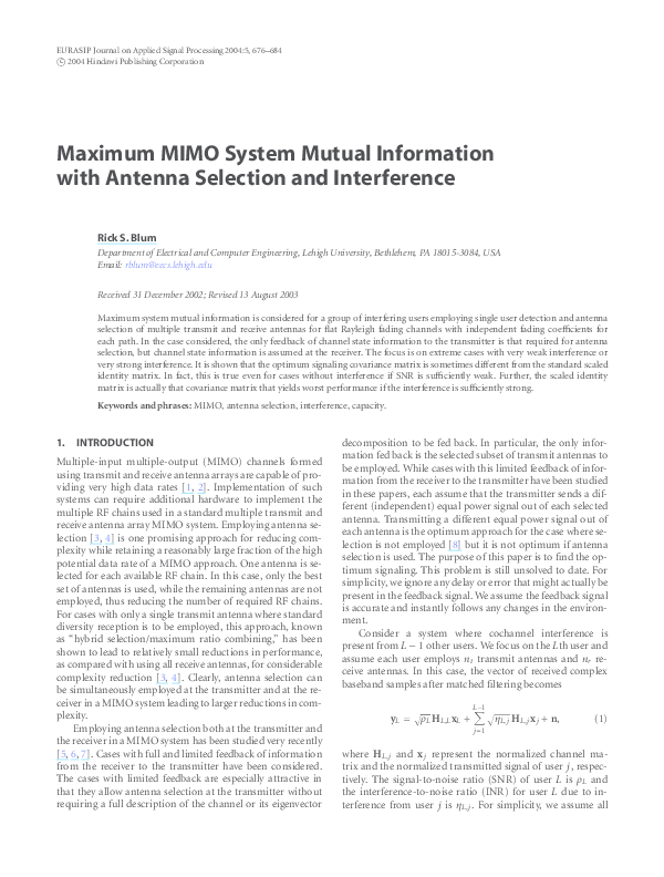 (PDF) Maximum MIMO System Mutual Information with Antenna Selection and ...
