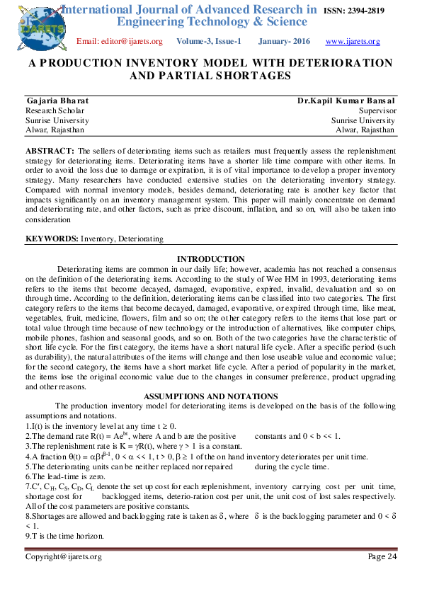 (PDF) A P RODUCTION INVENTORY MODEL WITH DETERIORATION AND P ARTIAL S ...