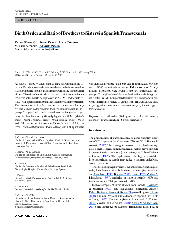 (PDF) Birth Order and Ratio of Brothers to Sisters in Spanish