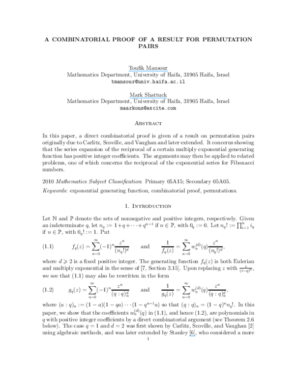 (PDF) A combinatorial proof of a result for permutation pairs