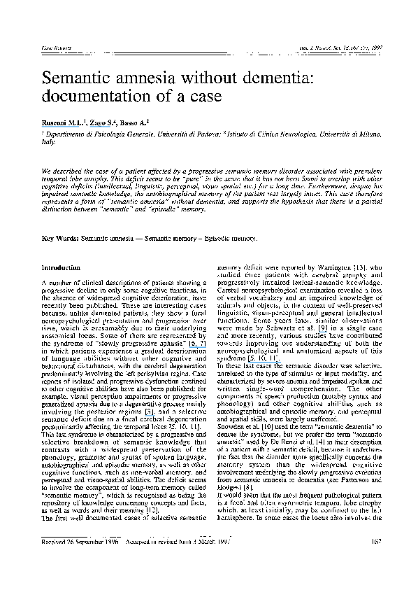 (PDF) Semantic amnesia without dementia: documentation of a case