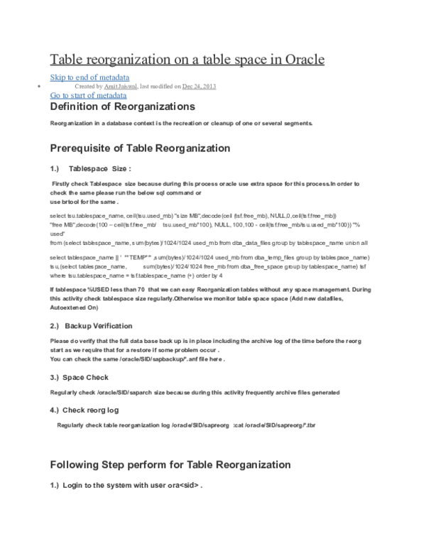 (DOC) Table reorganization on a table space in Oracle Skip to end of ...