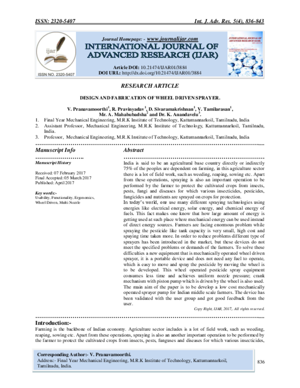 (PDF) DESIGN AND FABRICATION OF WHEEL DRIVEN SPRAYER IJAR Indexing