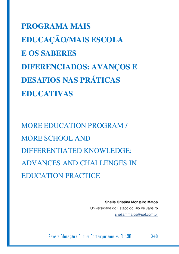 (PDF) PROGRAMA MAIS EDUCAÇÃO/MAIS ESCOLA E OS SABERES DIFERENCIADOS ...