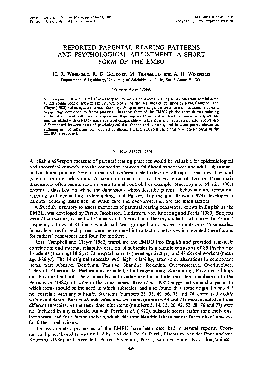 (PDF) Reported parental rearing patterns and psychological adjustment ...