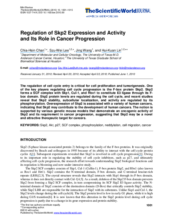 (PDF) Regulation of Skp2 expression and activity and its role in cancer ...
