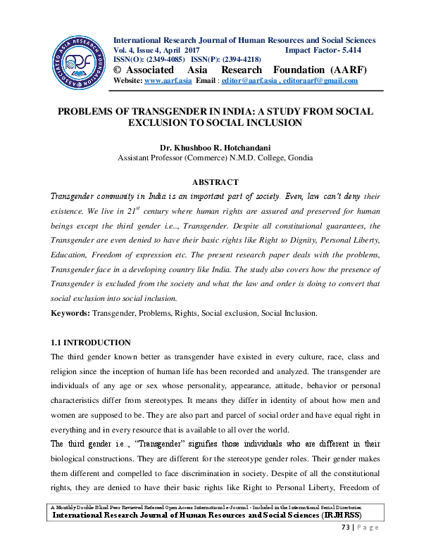 Problems Of Transgender In India A Study From Social Exclusion To Pdf Science Vs Religion Essay also The Thesis Statement Of An Essay Must Be Custom Term Projects