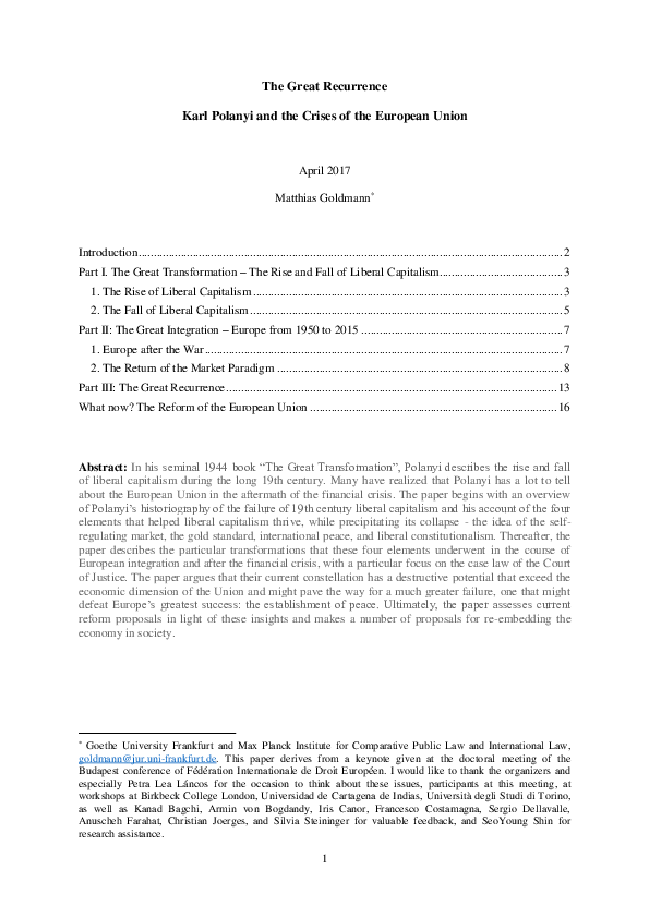 The Great Recurrence. Karl Polanyi and the Crises of the European Union