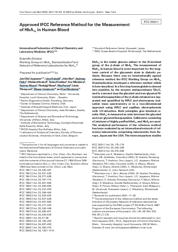 (PDF) Approved IFCC Reference Method for the Measurement of HbA1c in ...