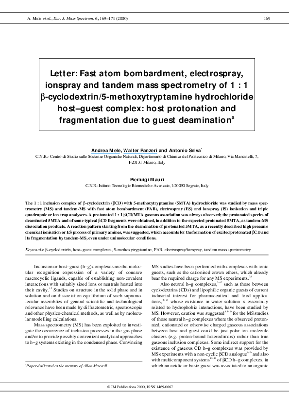 (PDF) Letter Fast atom bombardment, electrospray, ionspray and tandem mass spectrometry of 1 