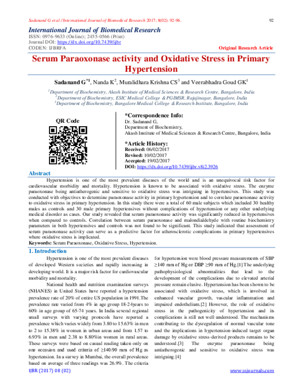 (PDF) Serum Paraoxonase activity and Oxidative Stress in Primary ...