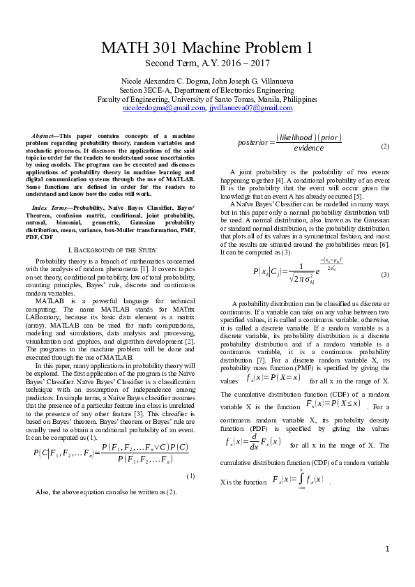 (DOC) MATH 301 Machine Problem 1: Applications of Probability Theory in ...