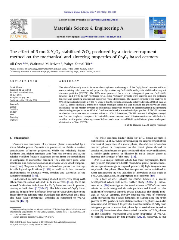 (PDF) The effect of 3mol% Y2O3 stabilized ZrO2 produced by a steric ...